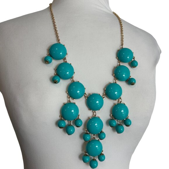Faux Turquoise Bubble Plastic Beaded Bib Necklace Gold Tone Drop Statement - Picture 10 of 10